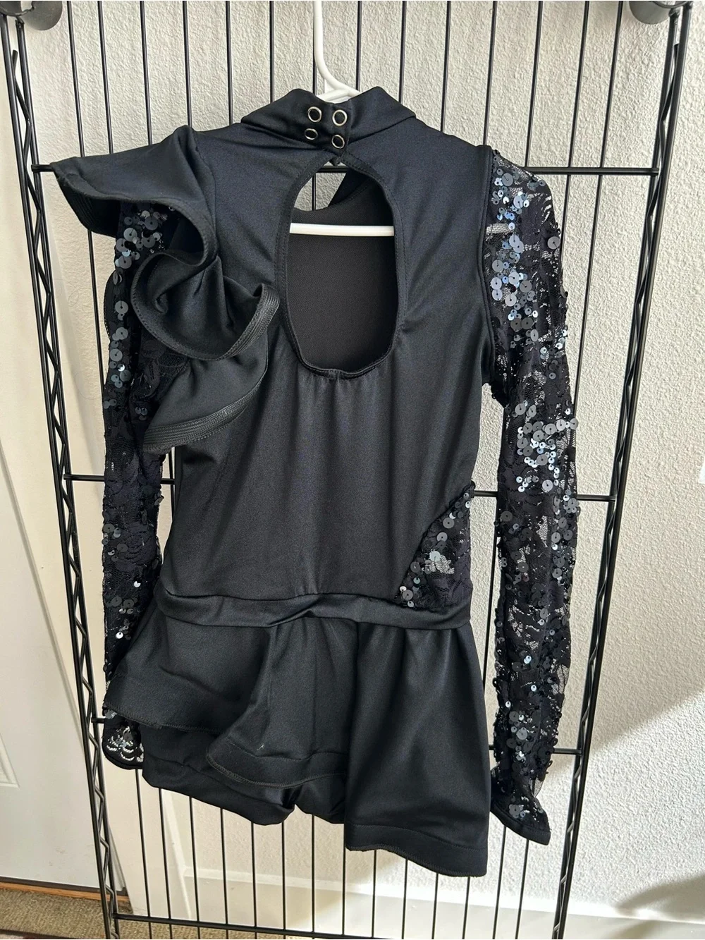Weissman Dance Costume Black Sequin-Sleeve Asymmetrical Biketard Size MC - 10/12